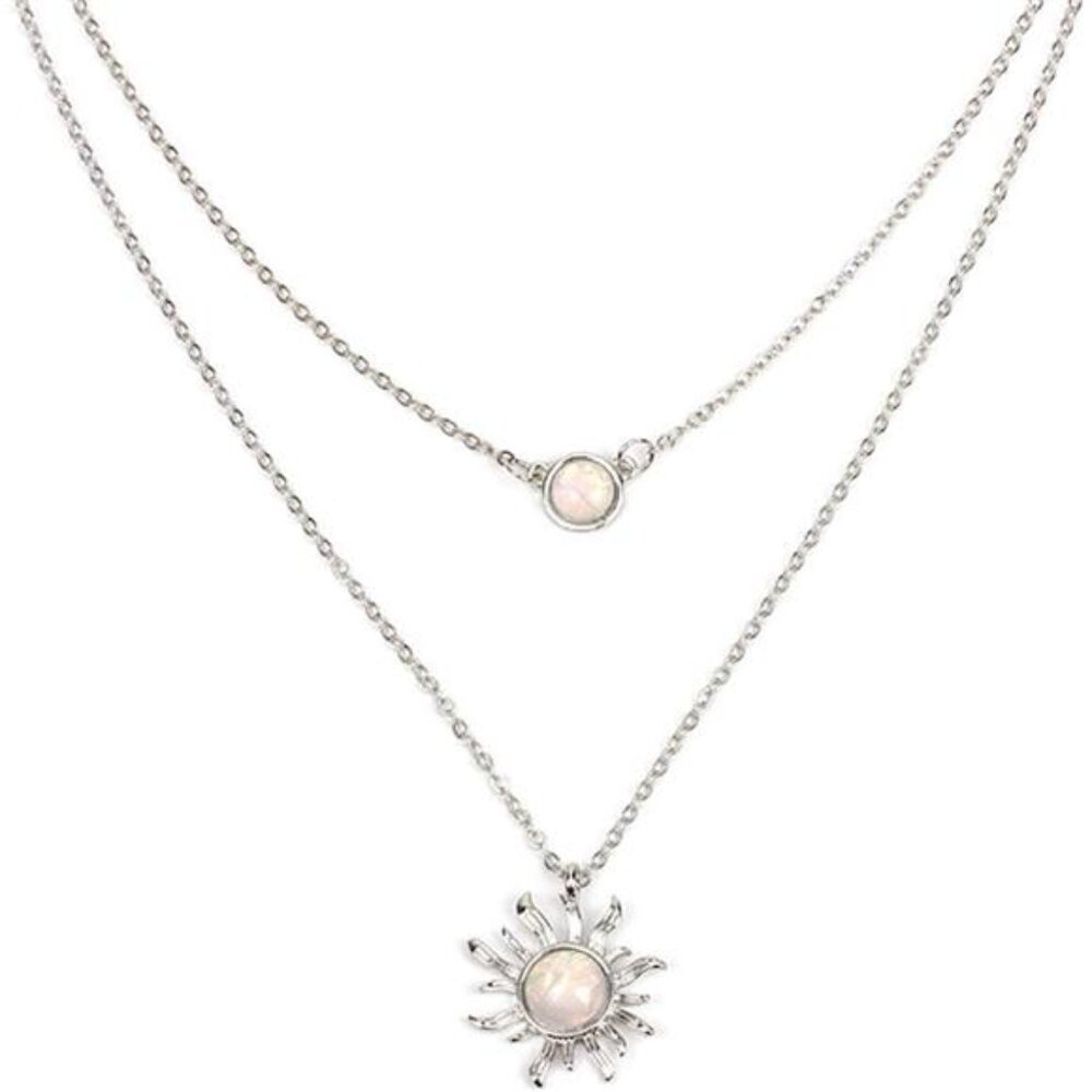 Double Chains Moon Sun Layered Choker Necklace Sunflower Opal Pendant for Women